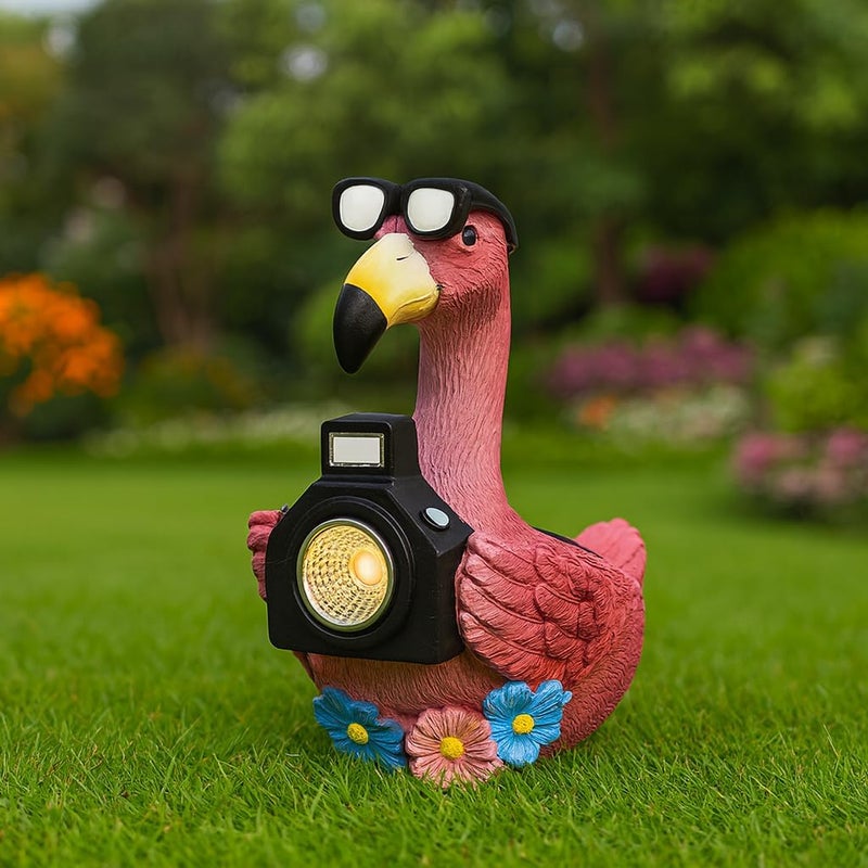 GoGnome Solar Flamingo Garden Statue with Camera Light – 5.5in Tall Solar Powered Outdoor Figurine for Yard, Patio, Balcony – Funny Garden Decor, Gift for Women (Flamingo) - Image 1